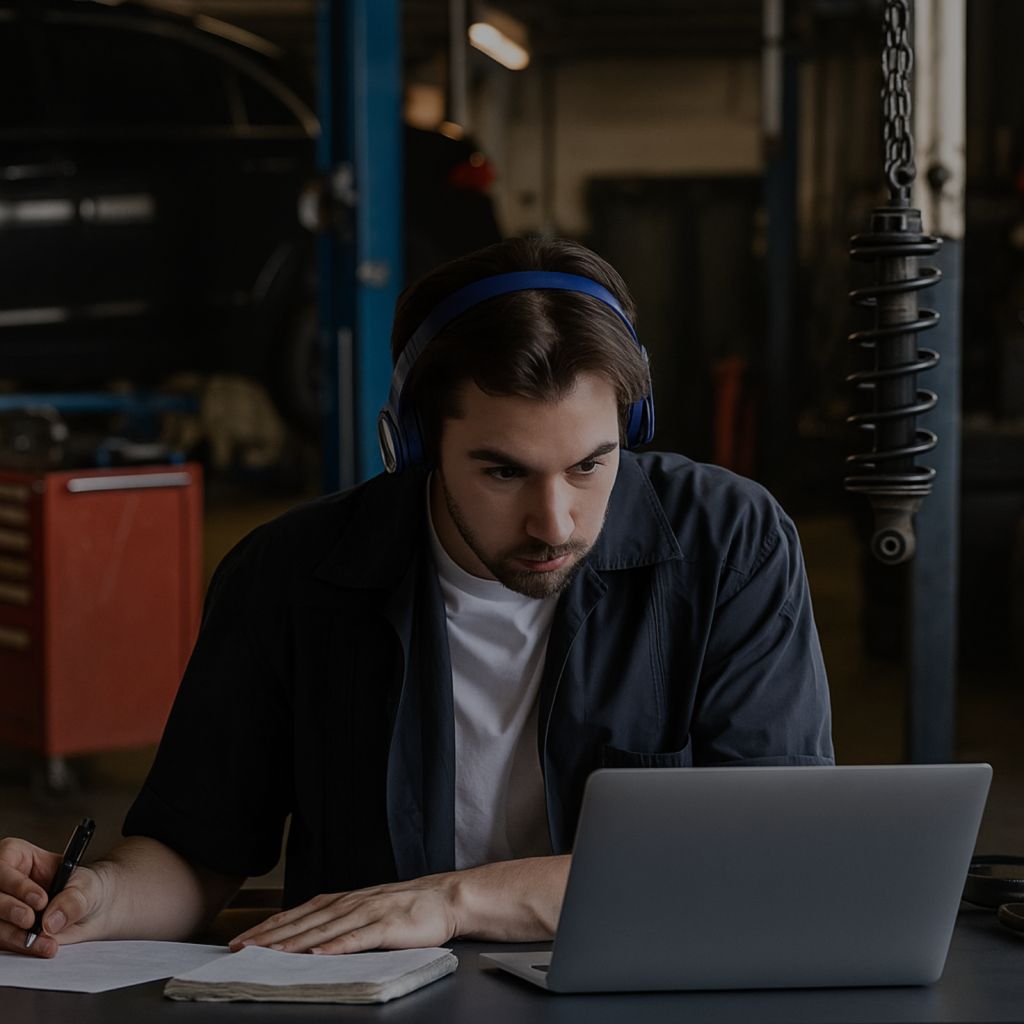 Profesional formándose online en un taller mecánico.